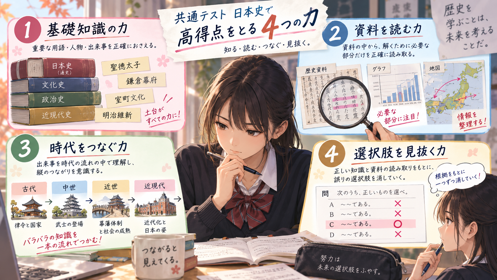 共通テスト日本史で高得点を取るために必要な基礎知識、資料読解、時代をつなぐ力、選択肢判断の4つの力