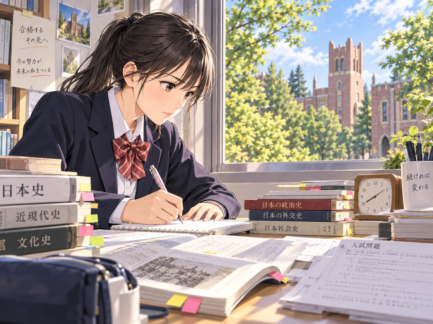 早稲田大学法学部を目指して日本史の過去問を勉強する受験生