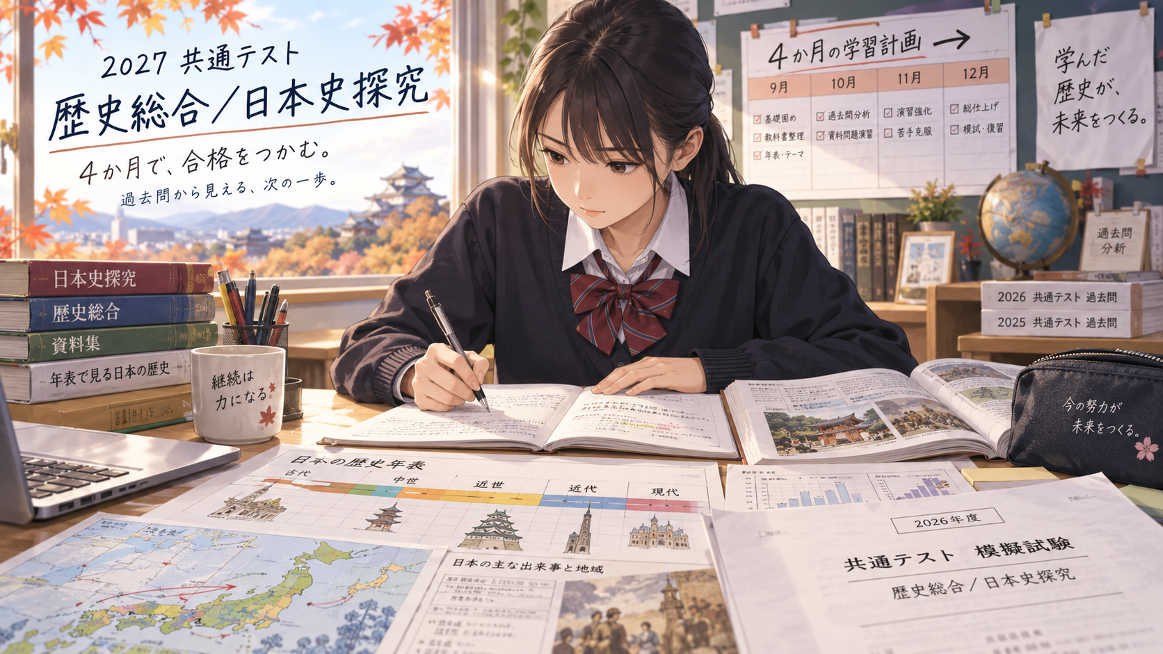 2027年度共通テスト歴史総合・日本史探究に向けて4か月間勉強する高校生