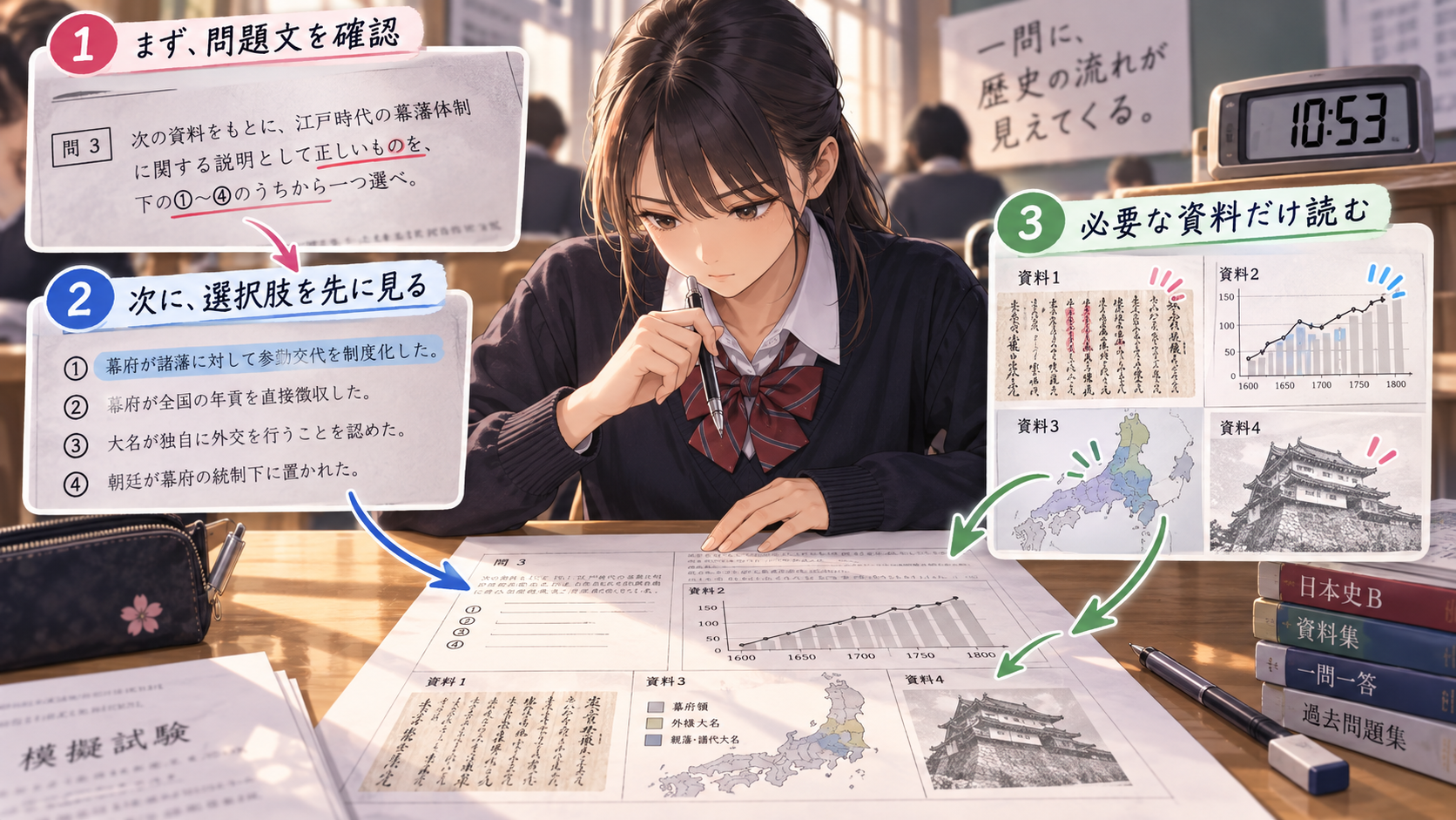 共通テスト日本史で問題文を確認し選択肢を見て必要な資料だけを読む解答手順