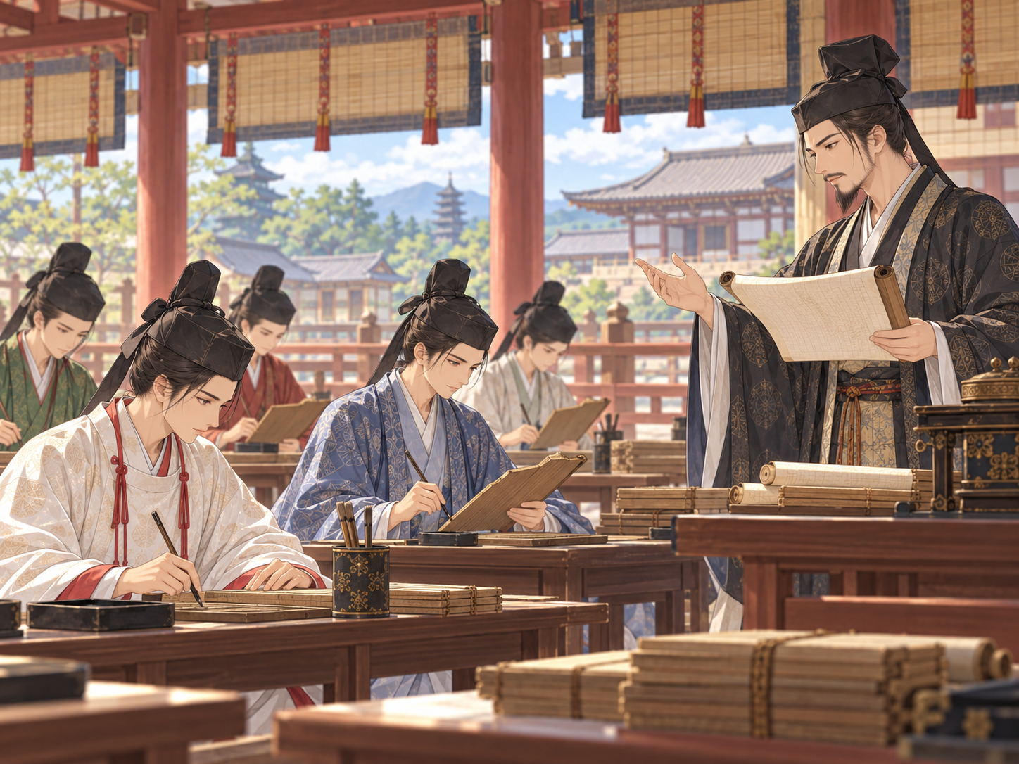 律令国家の大学で学ぶ学生たちの挿絵