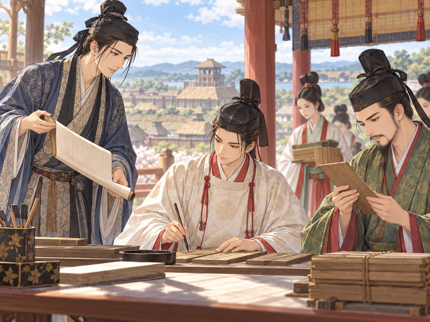 渡来人と古代日本の漢字文化をイメージした挿絵