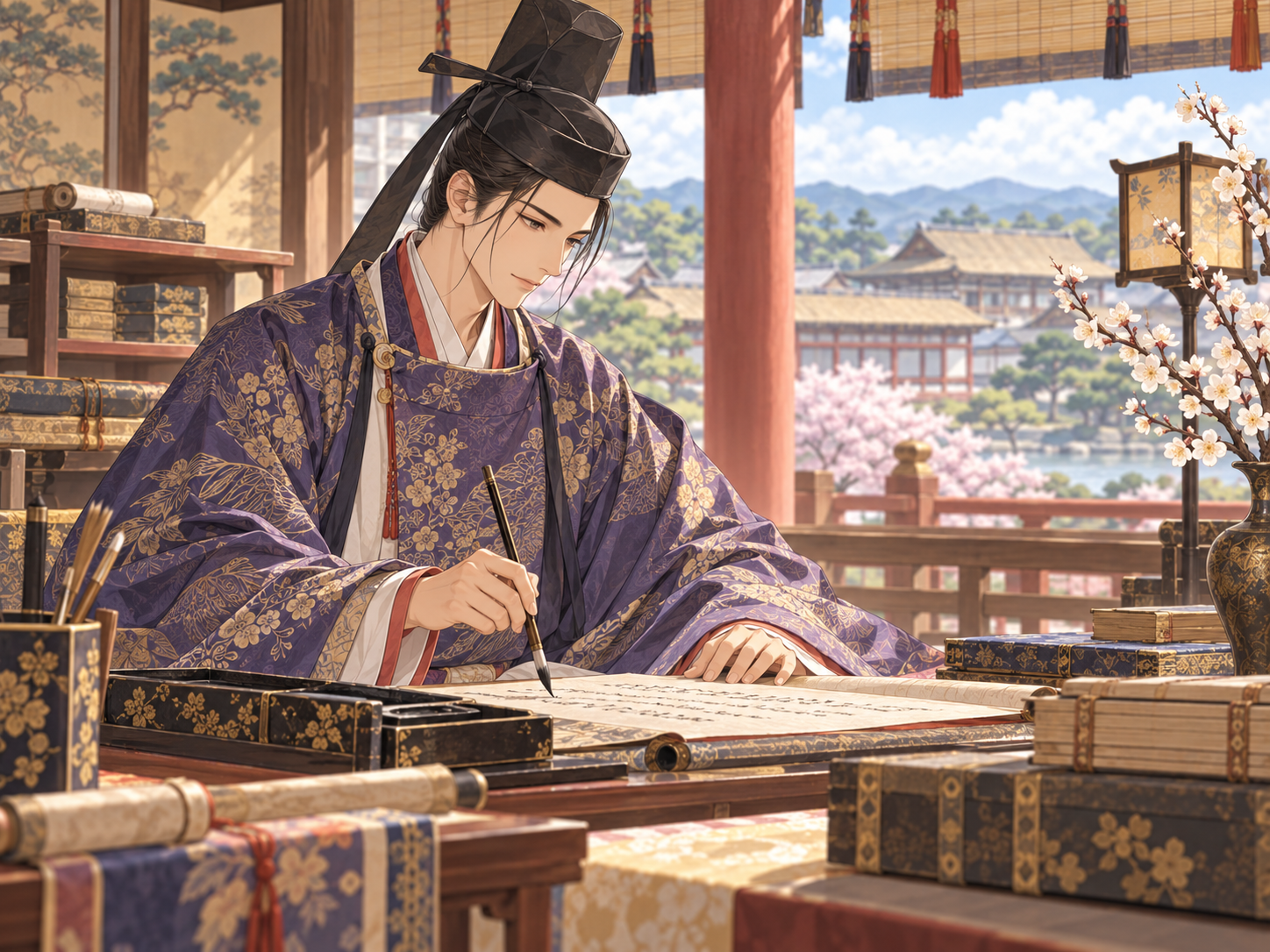 漢詩文を執筆する菅原道真をイメージした挿絵