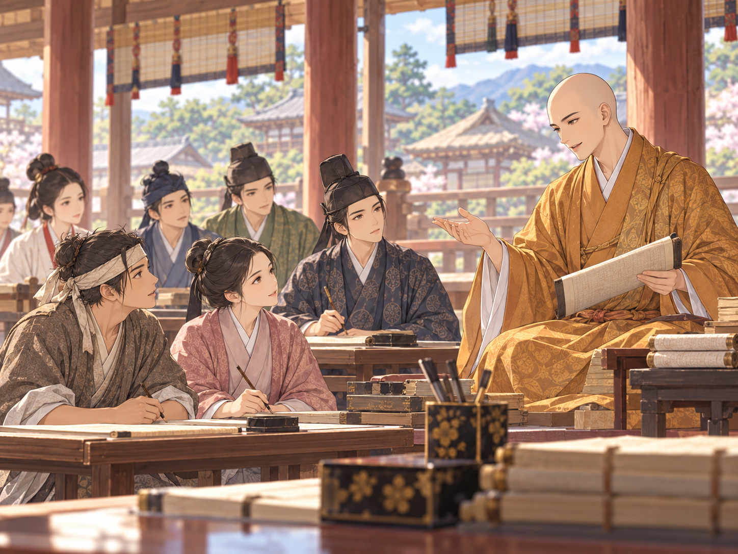 空海と綜芸種智院で学ぶ人々をイメージした挿絵